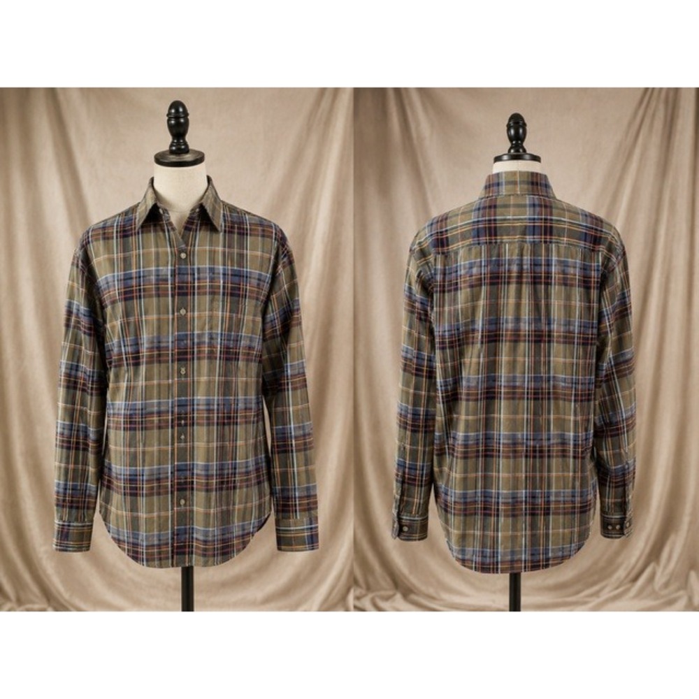 Alex Cannon Mens XL Plaid Button Down Shirt Olive Green Blue Orange Cotton